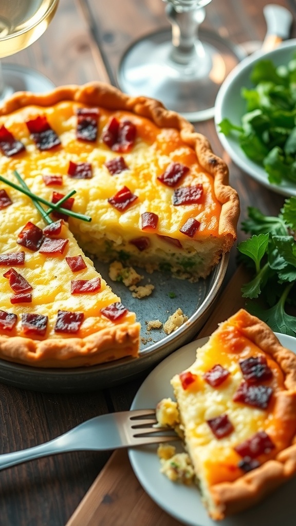 A slice of quiche Lorraine with bacon and cheese on a rustic table, garnished with chives.